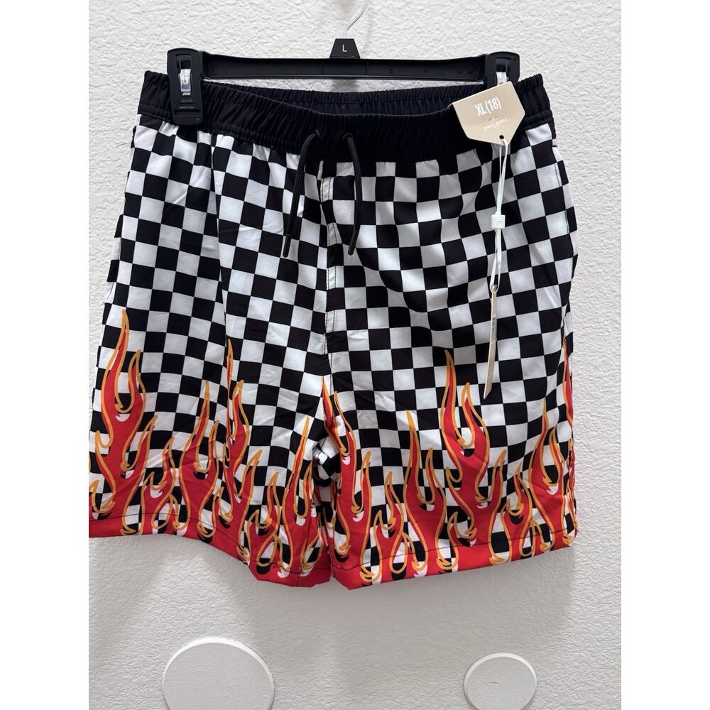 Public Supply NYC Boy's XL Multicolor Flame Check Swim Shorts Elastic Waist